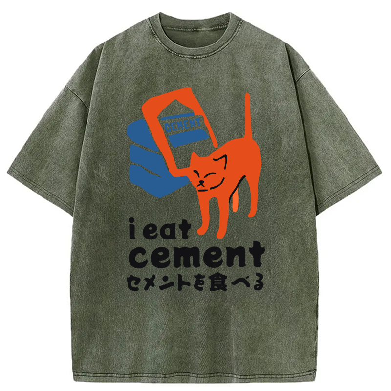Modecanvas I Eat Cement Meme Cat Washed T-Shirt-modecanvas