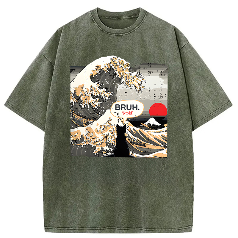 Modecanvas Bruh Cat Great Wave DTG Printing Washed T-Shirt