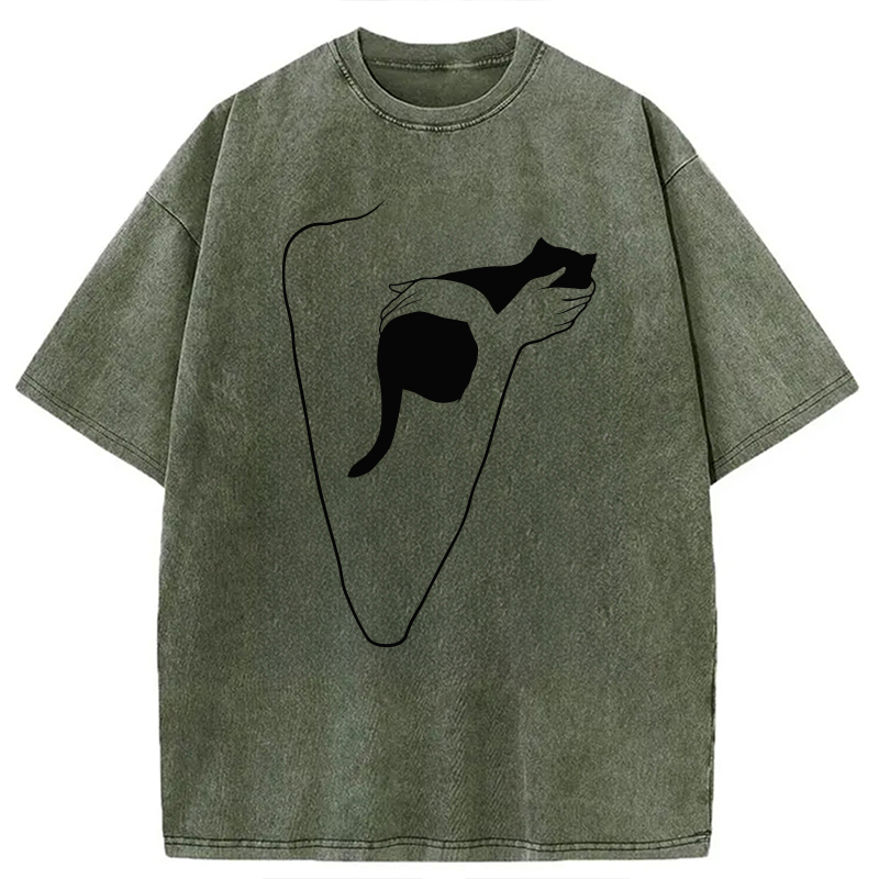 Modecanvas Minimalist Art Cat Hug DTG Printing Washed T-Shirt