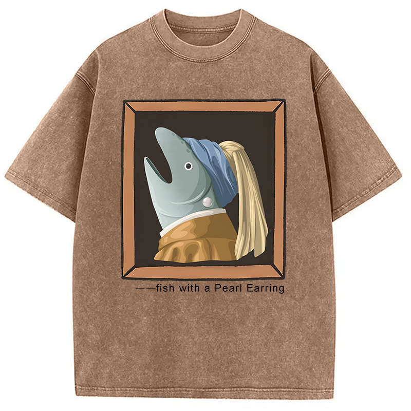Modecanvas Fish with Pearl Earring DTG Printing Washed T-Shirt