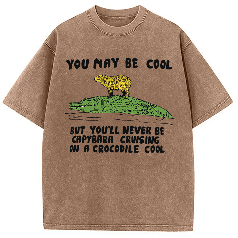 Modecanvas Funny Capybara Riding Crocodile DTG Printing Washed T-Shirt