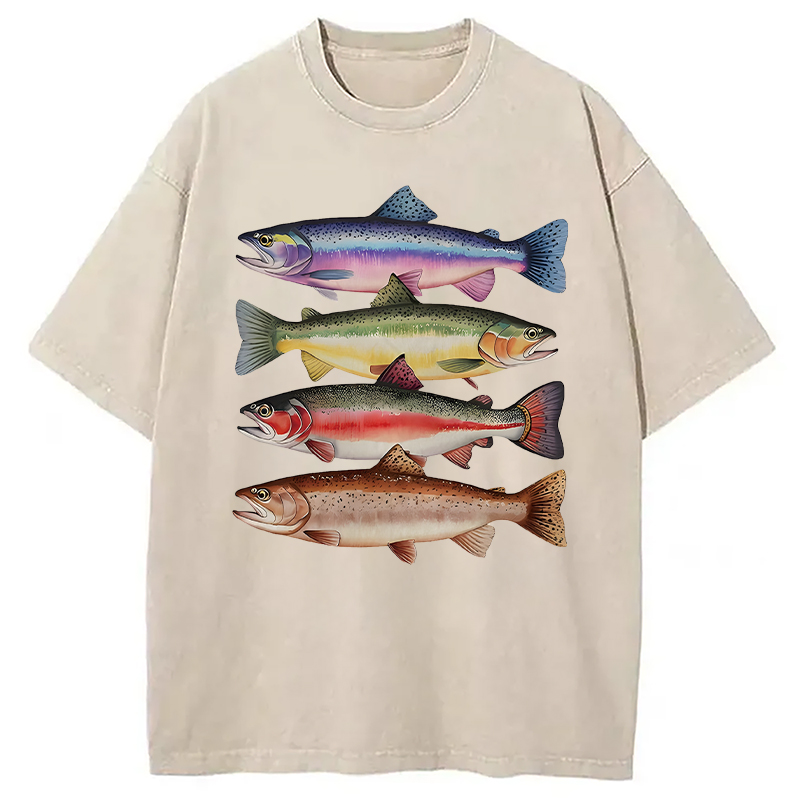 Modecanvas Colorful Rainbow Trout Fish DTG Printing Washed T-Shirt