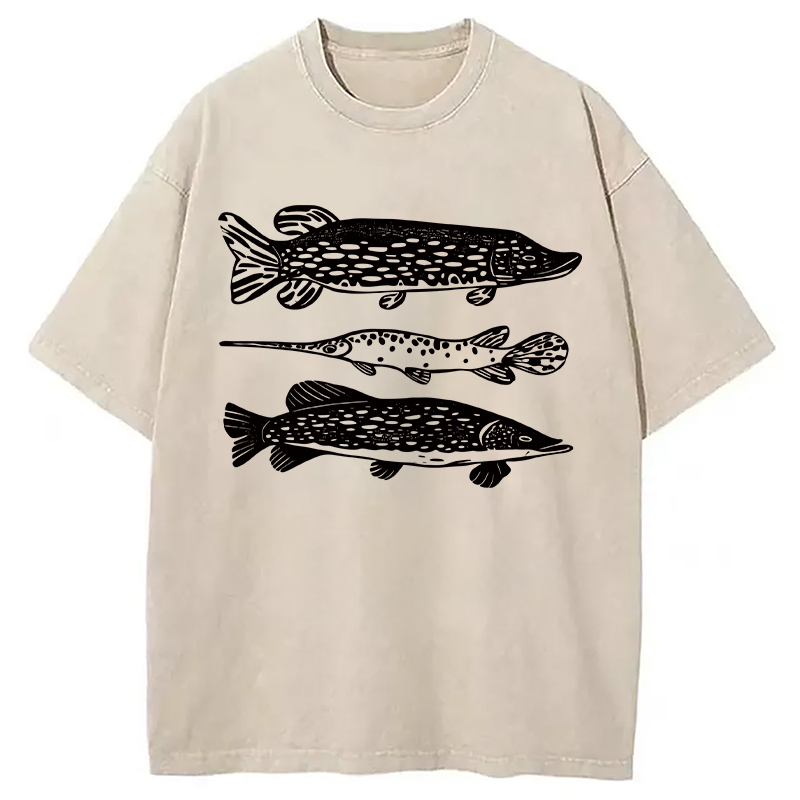 Modecanvas Freshwater Fish Hand DTG Printing Washed T-Shirt