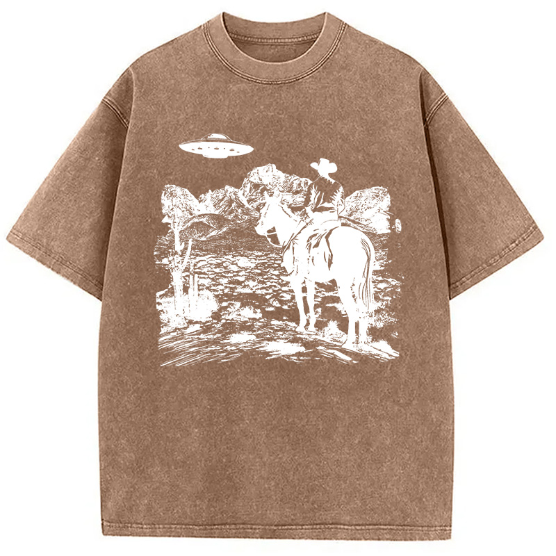 Modecanvas Ufo Western Vintage Cowboy DTG Printing Washed T-Shirt