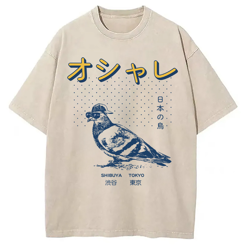 Modecanvas Punny Bird Harajuku DTG Printing Washed T-Shirt