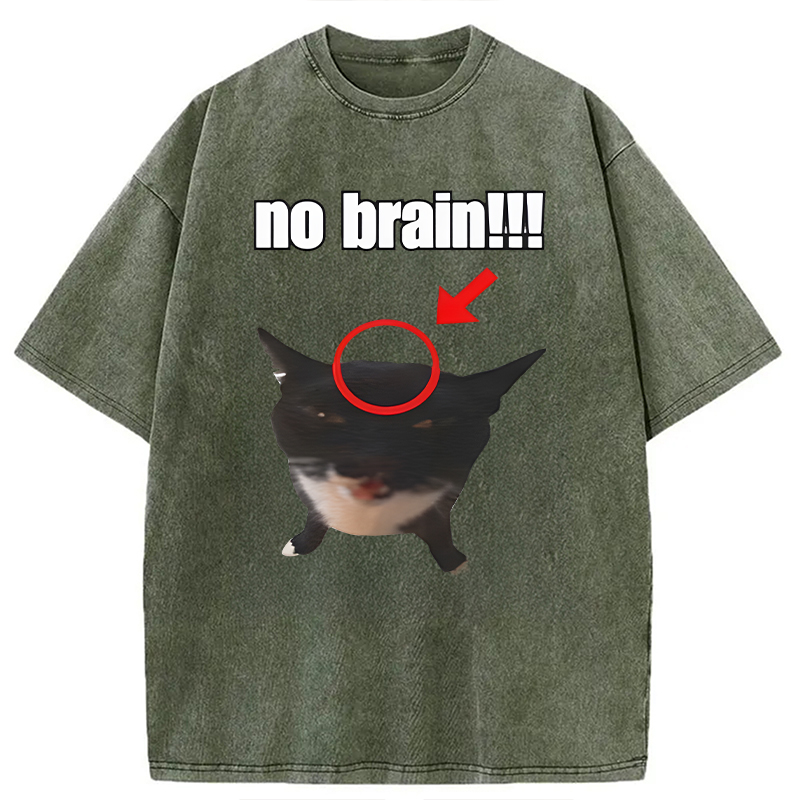 Modecanvas No Brain Cat DTG Printing Washed T-Shirt