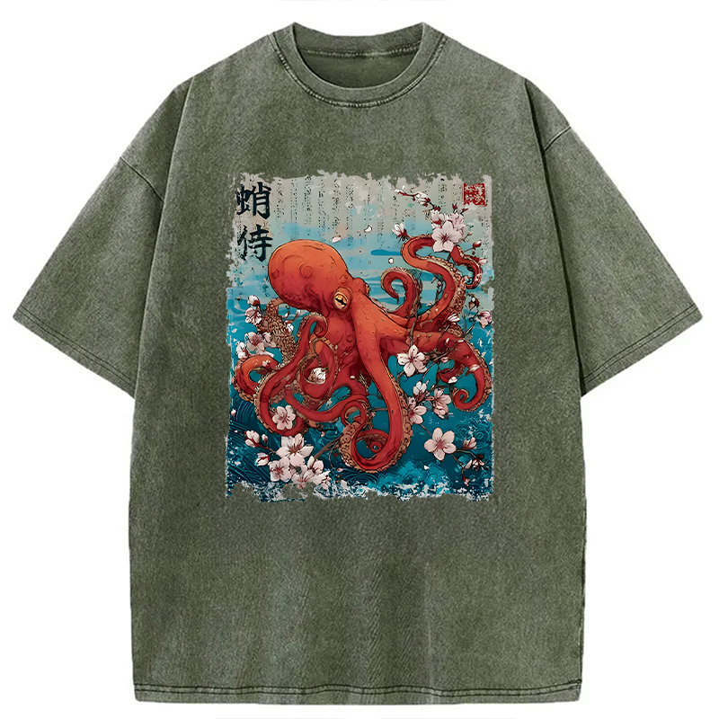 Modecanvas The Eight-Armed Samurai DTG Printing Washed T-Shirt-modecanvas