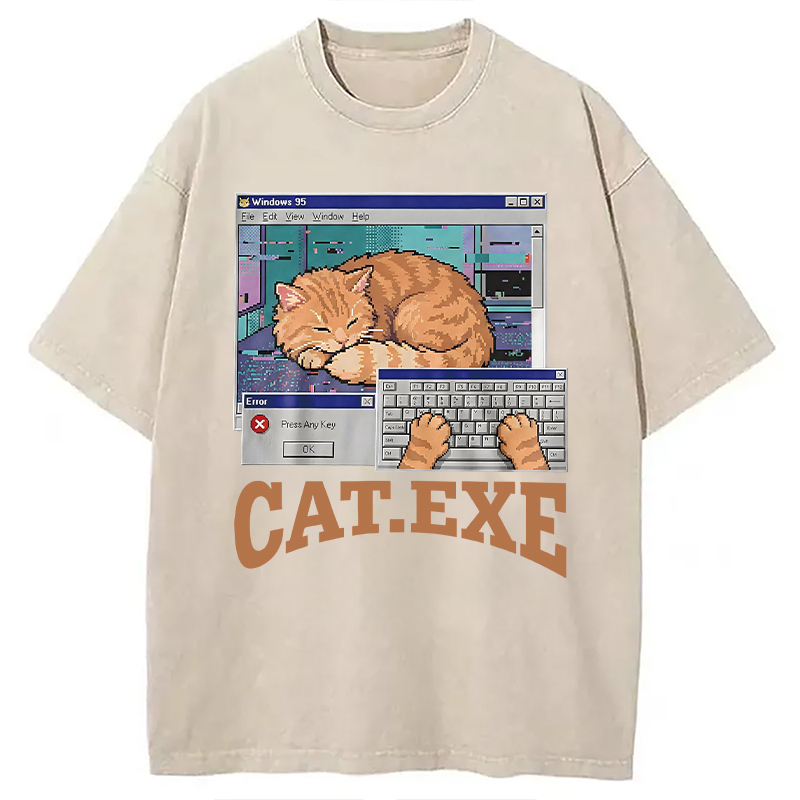 Modecanvas Cat Exe DTG Printing Washed T-Shirt-modecanvas