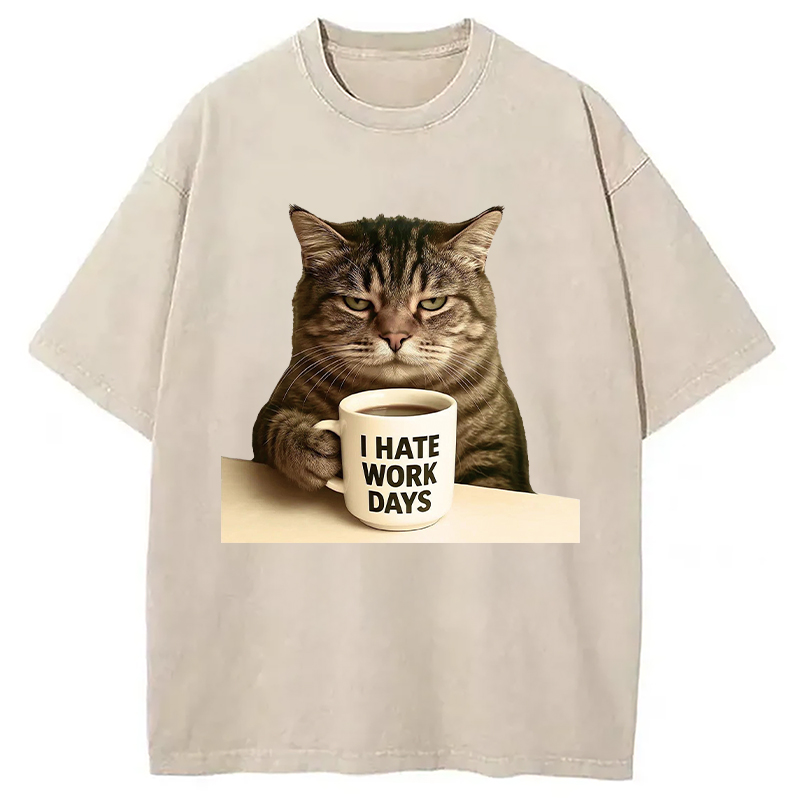 Modecanvas Grumpy Cat Coffee DTG Printing Washed T-Shirt-modecanvas