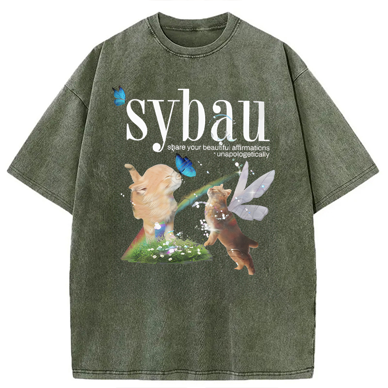 Modecanvas Cat Fairy SYBAU DTG Printing Washed T-Shirt-modecanvas