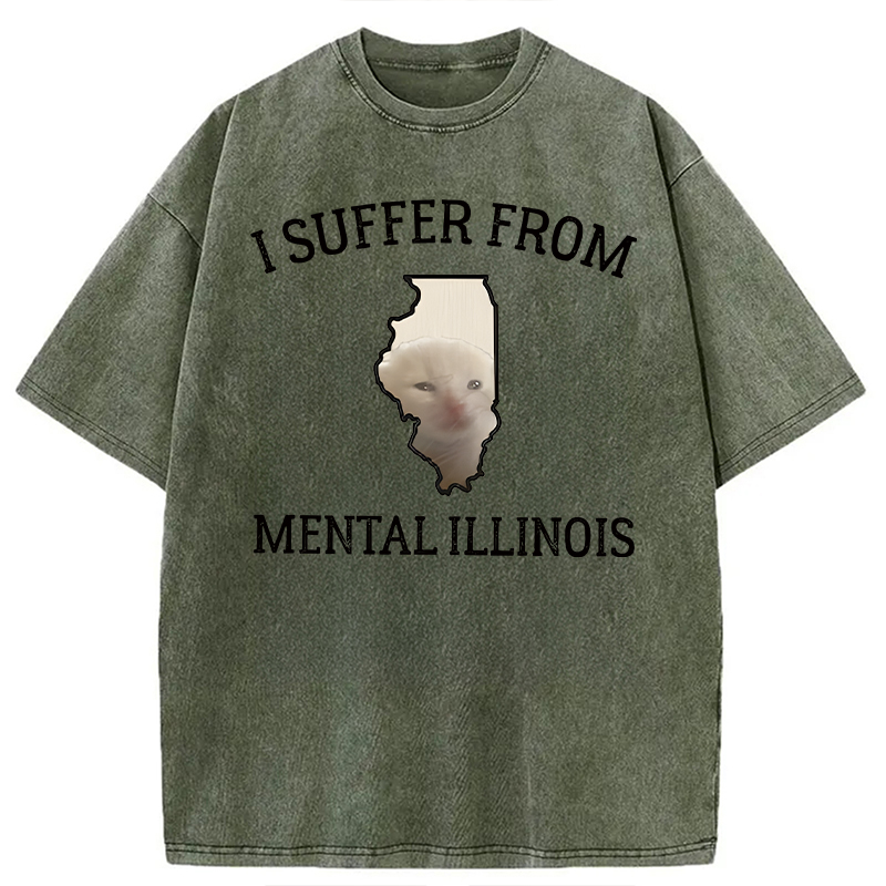 Modecanvas Mental Illinois Depressed Cat DTG Printing Washed T-Shirt-modecanvas