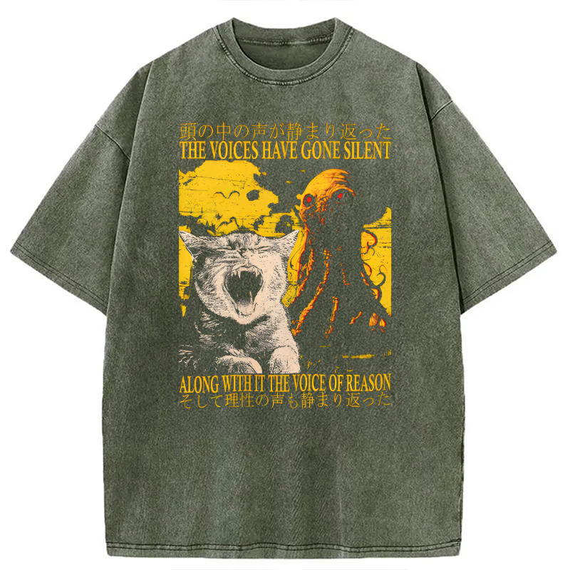 Modecanvas The Voices Have Gone Silent Cat Funny Washed T-Shirt-modecanvas