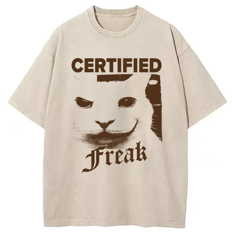 Modecanvas Certified Freak Cat Meme DTG Printing Washed T-Shirt-modecanvas