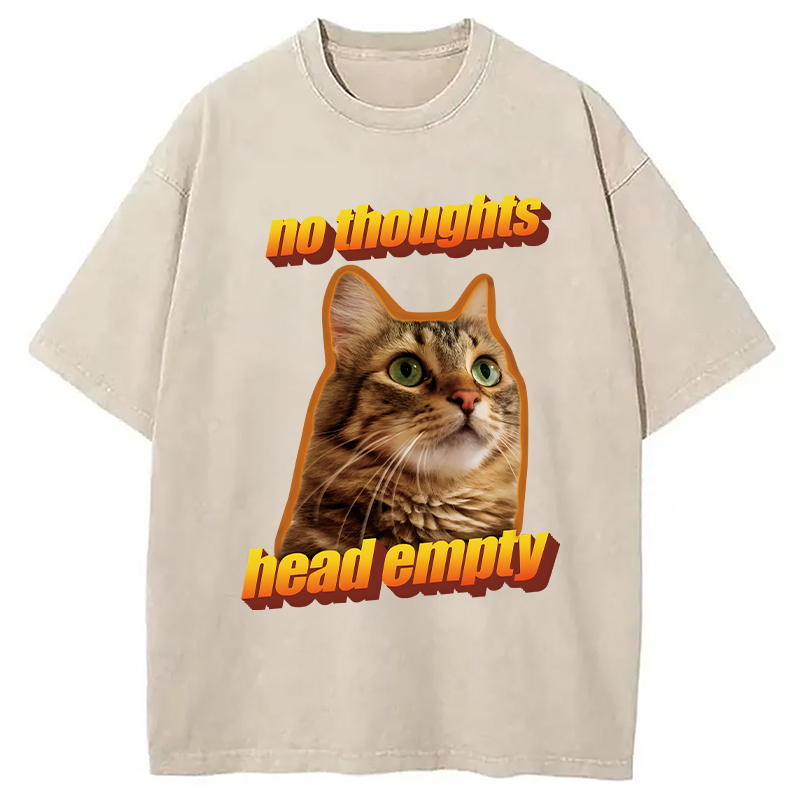 Modecanvas No Thoughts Head Empty Cat Meme DTG Printing Washed T-Shirt-modecanvas