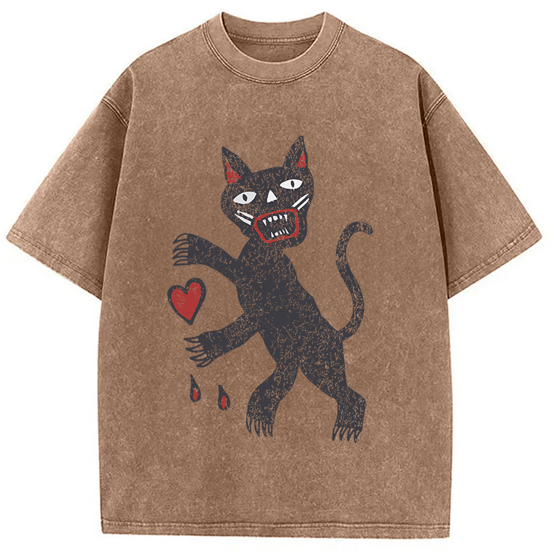 Modecanvas Black Cat Art DTG Printing Washed T-Shirt-modecanvas