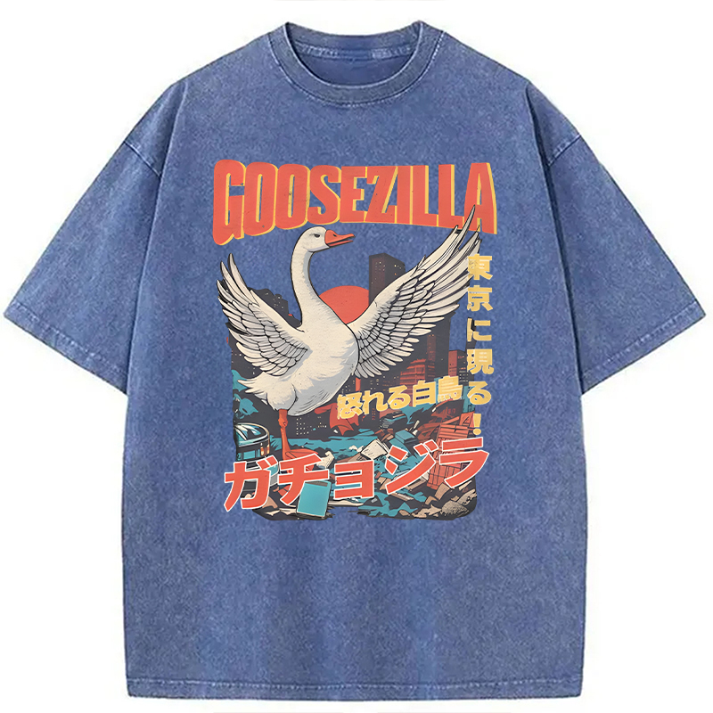 Modecanvas Goosezilla Funny Goose DTG Printing Washed T-Shirt-modecanvas