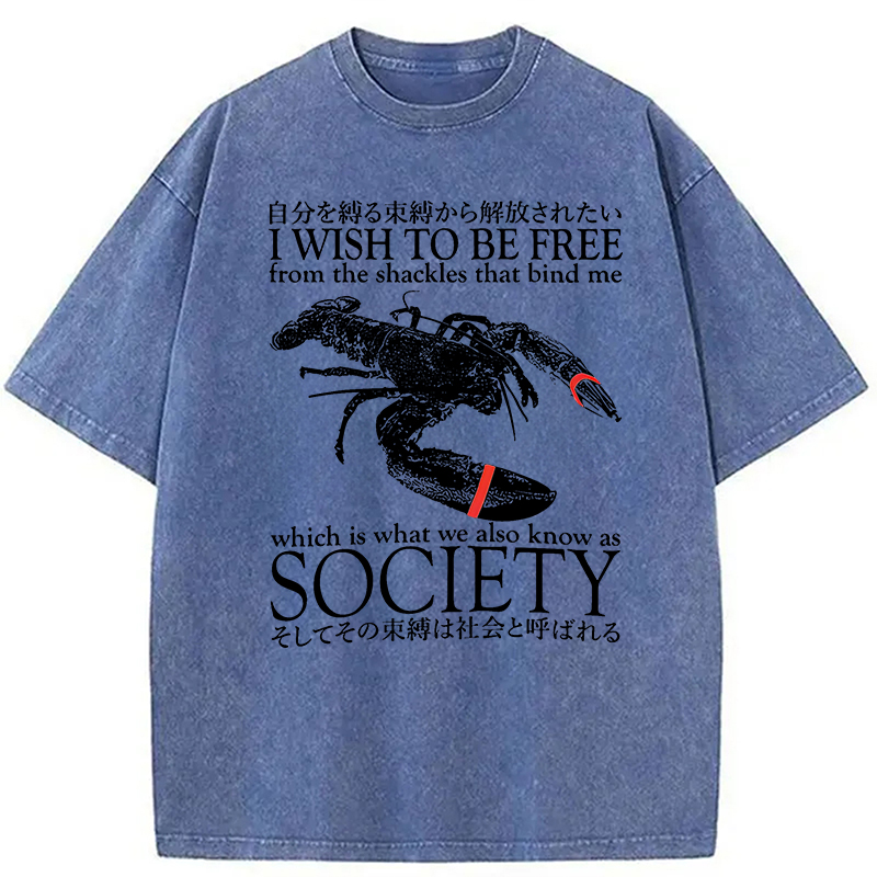 Modecanvas I Wish To Be Free Lobster DTG Printing Washed T-Shirt-modecanvas