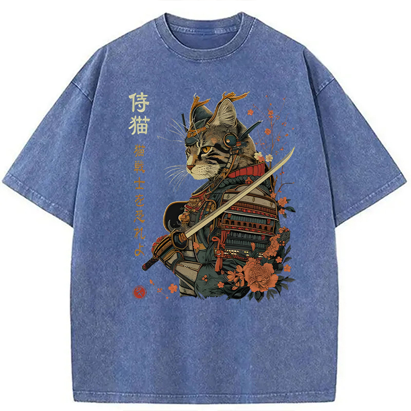 Modecanvas Samurai Cat Japanese Art DTG Printing Washed T-Shirt-modecanvas