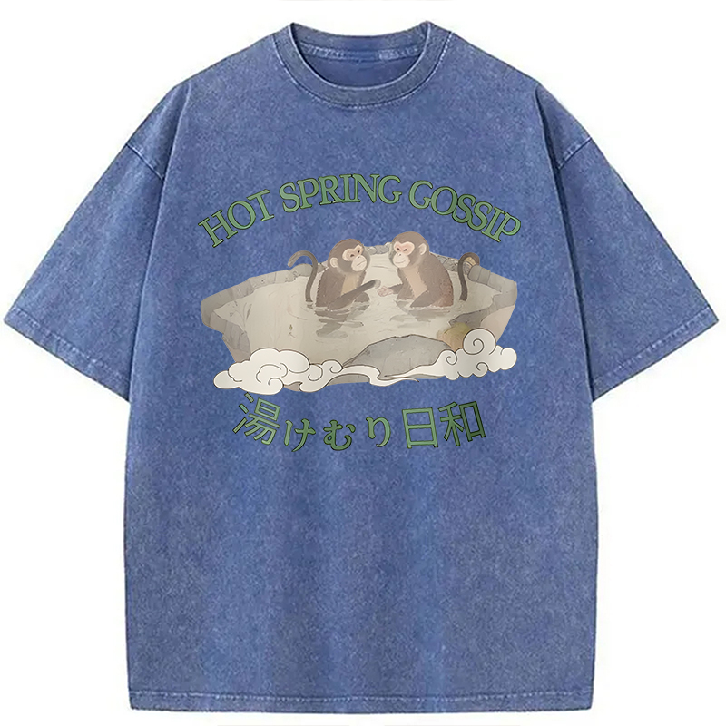 Modecanvas Japanese Monkey Hot Spring DTG Printing Washed T-Shirt-modecanvas