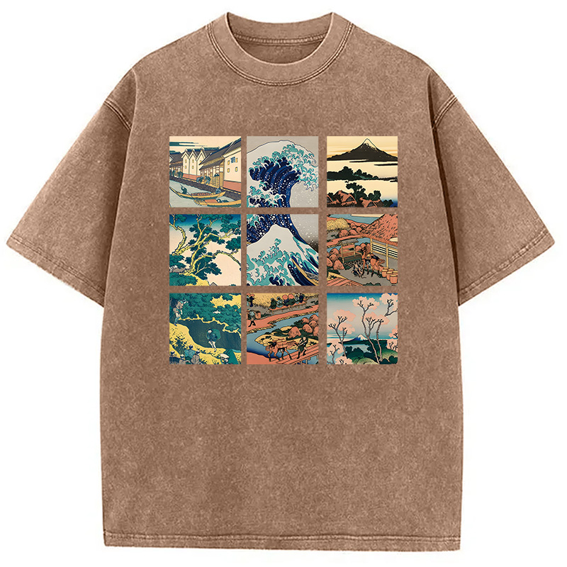 Modecanvas Thirty Six Views Of Mount Fuji DTG Printing Washed T-Shirt-modecanvas
