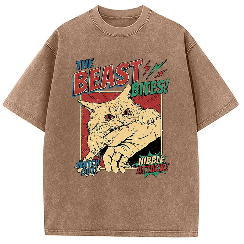 Modecanvas Vintage Horror Cat Bite DTG Printing Washed T-Shirt-modecanvas