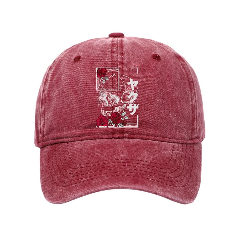 Modecanvas Skull Roses Japanese Aesthetic Washed Cap-modecanvas