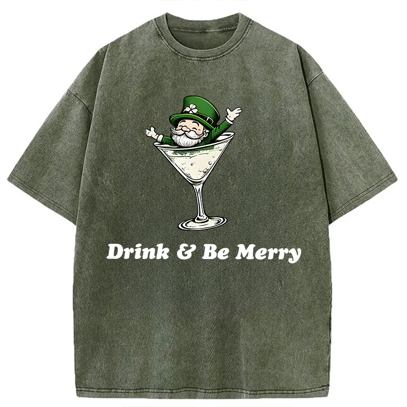 Modecanvas Leprechaun Martini Cocktail Vintage DTG Printing Washed T-Shirt-modecanvas