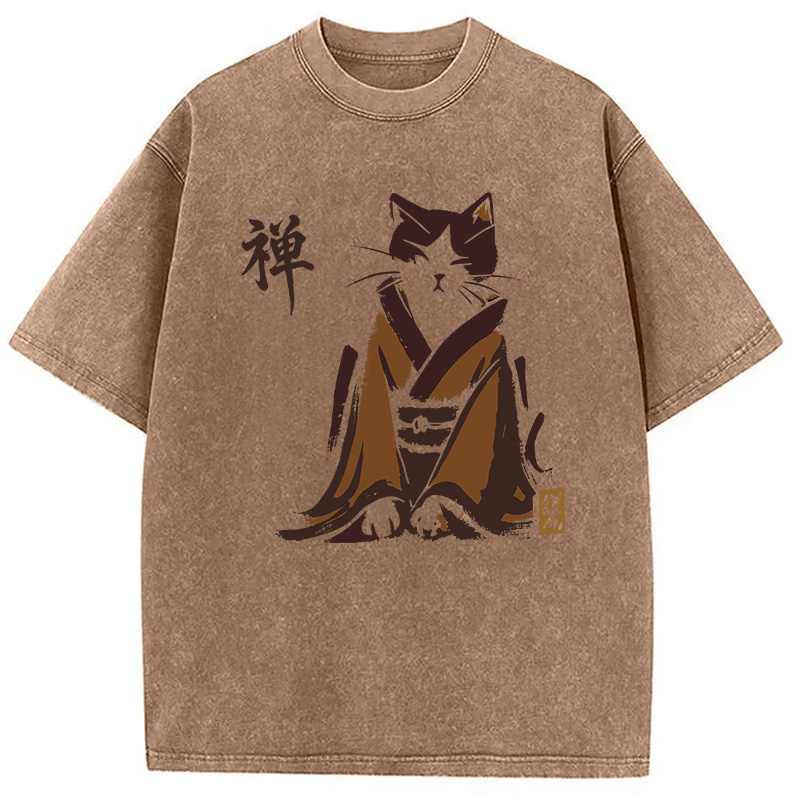 Modecanvas Zen Cat Kimono DTG Printing Washed T-Shirt-modecanvas