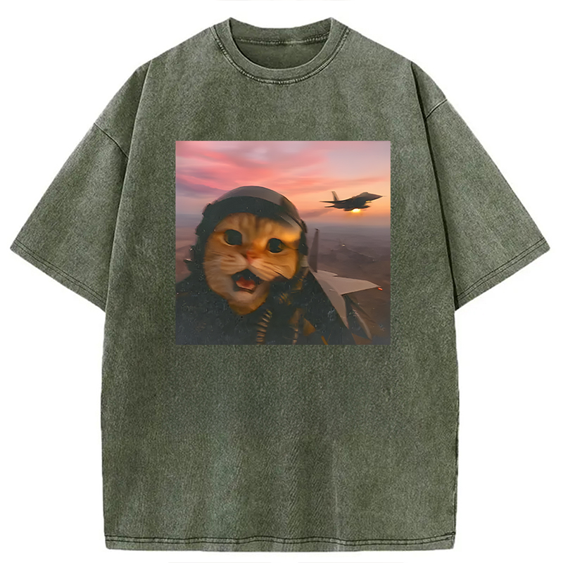 Modecanvas Funny Fighter Pilot Cat DTG Printing Washed T-Shirt