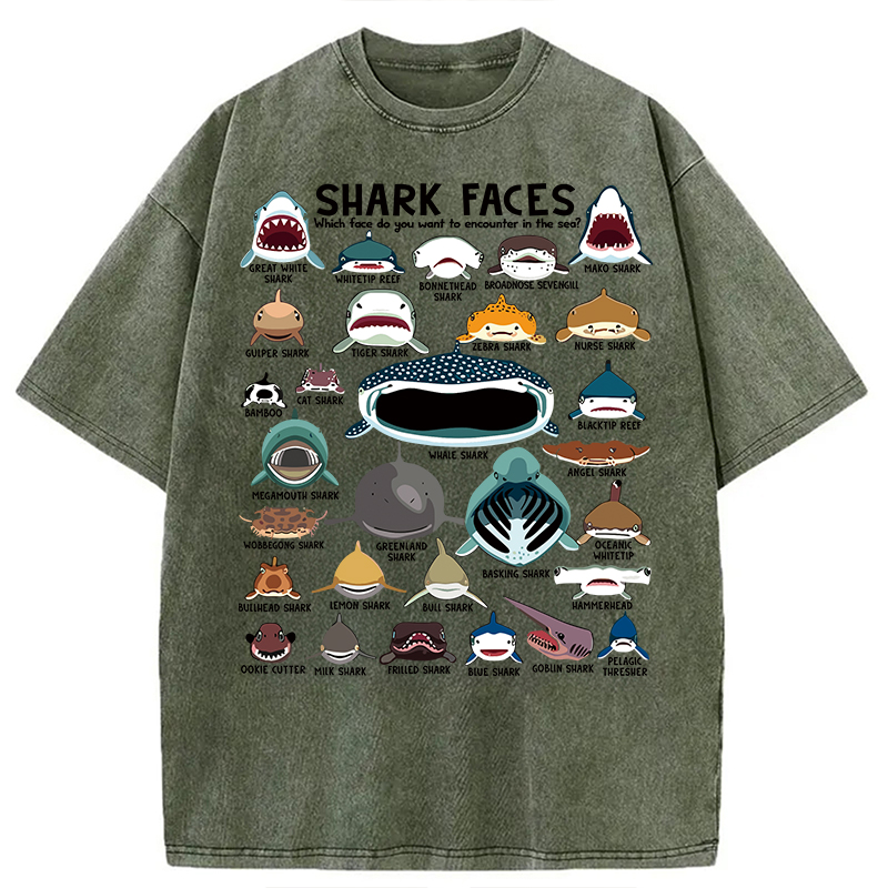 Modecanvas Shark Faces Marine Sea Life DTG Printing Washed T-Shirt