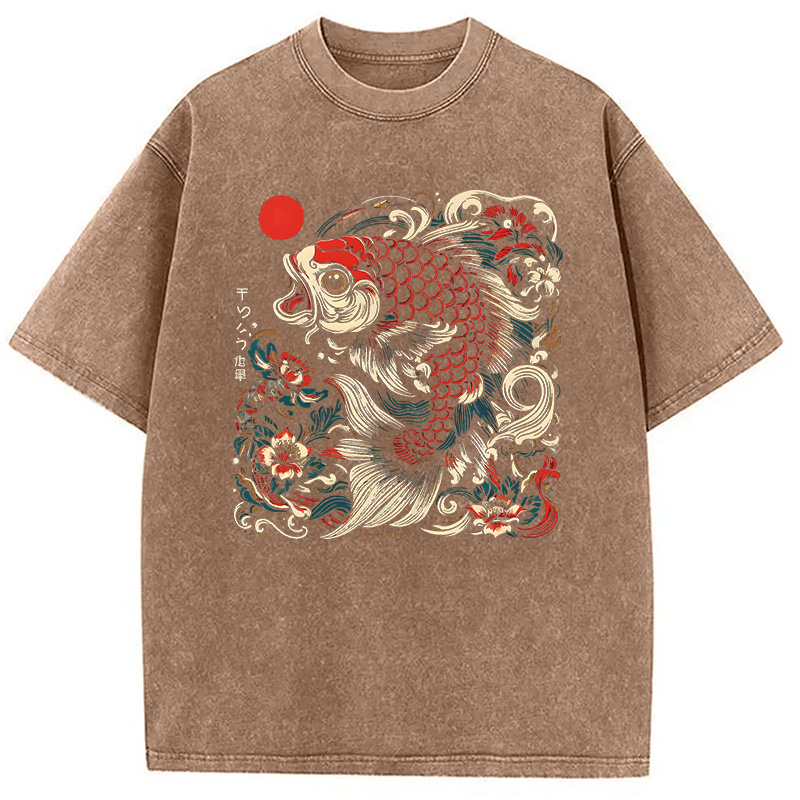 Modecanvas Japanese Koi Fish DTG Printing Washed T-Shirt