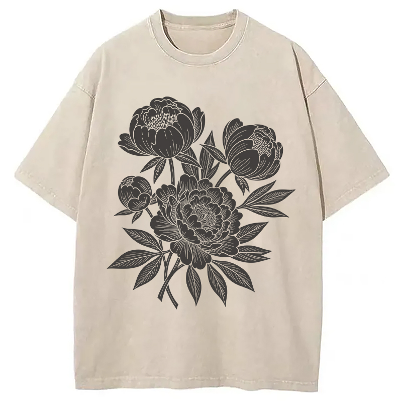Modecanvas Linocut Floral DTG Printing Washed T-Shirt
