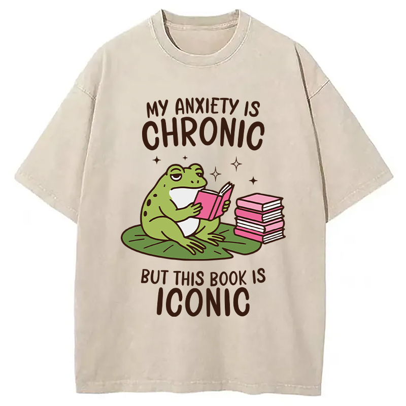 Modecanvas Funny Frog Reading DTG Printing Washed T-Shirt