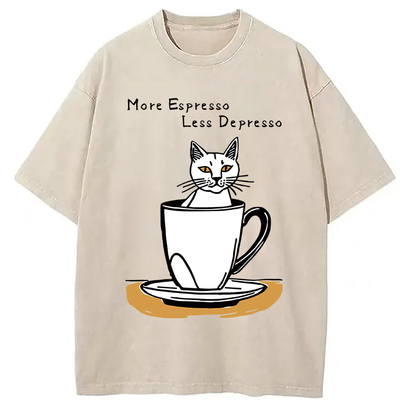Modecanvas More Espresso Coffee Cat DTG Printing Washed T-Shirt