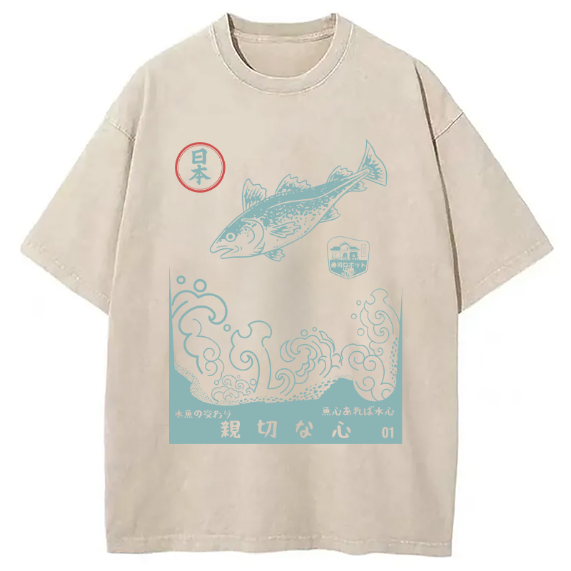 Modecanvas Japanese Fish Vintage Ukiyo-e Wave DTG Printing Washed T-Shirt