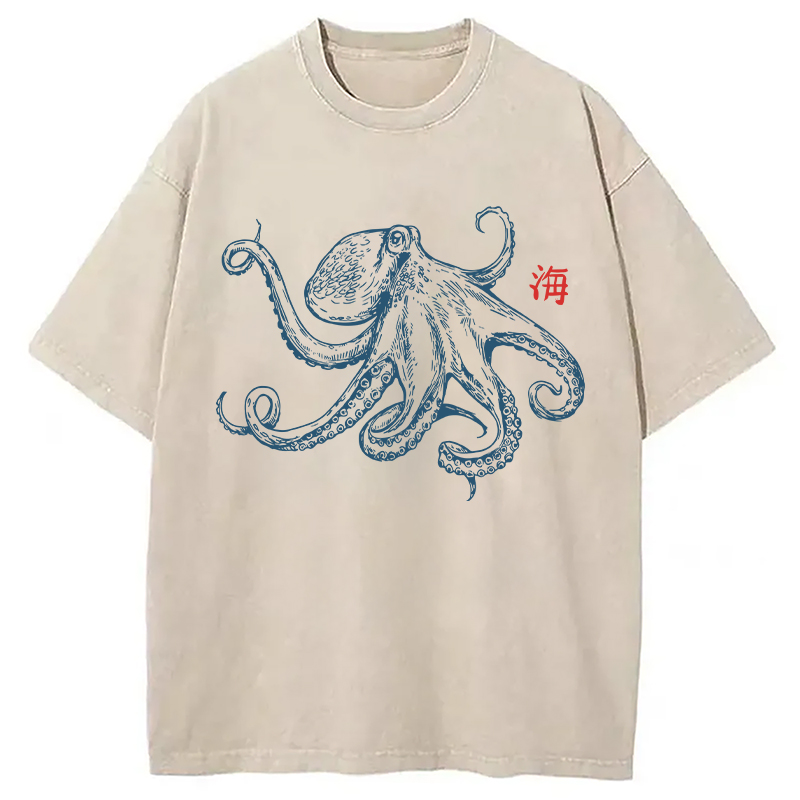 Modecanvas Octopus Retro Japanese DTG Printing Washed T-Shirt
