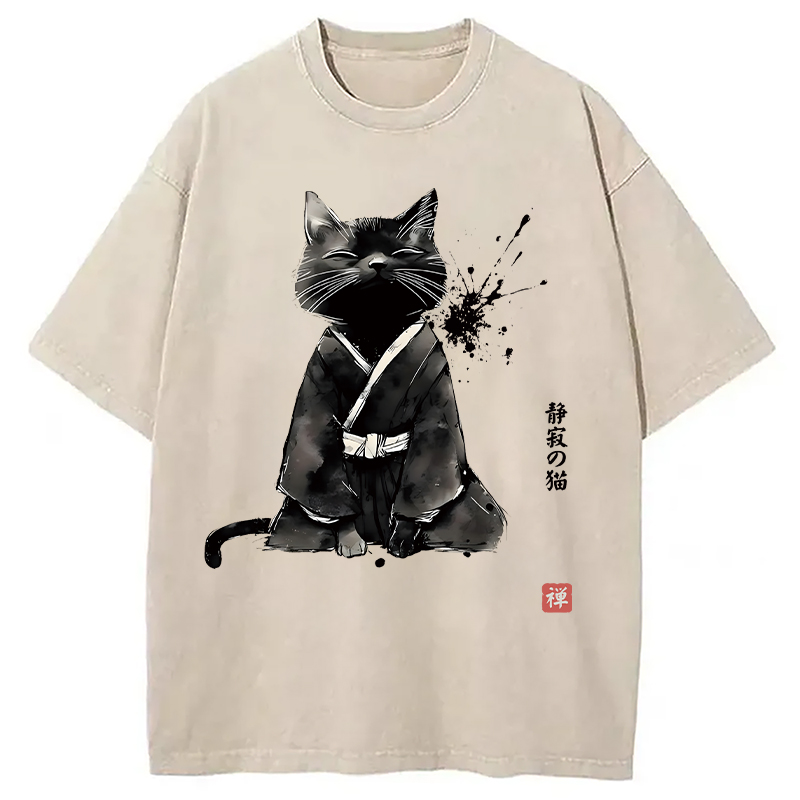 Modecanvas Zen Cat Japanese DTG Printing Washed T-Shirt