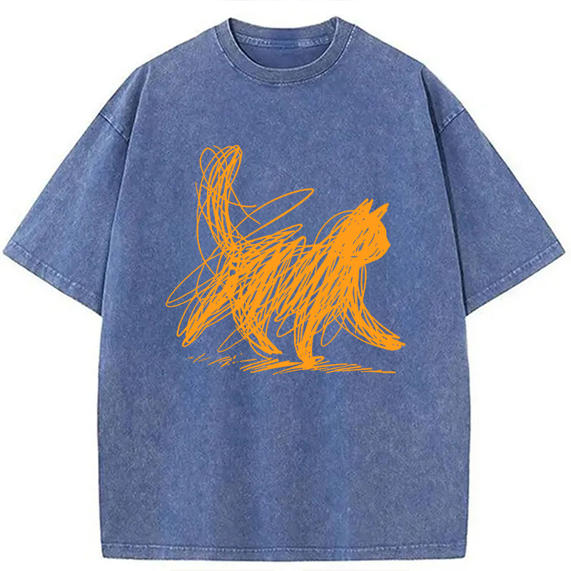 Modecanvas Scribble Cat Minimal Washed T-Shirt-modecanvas