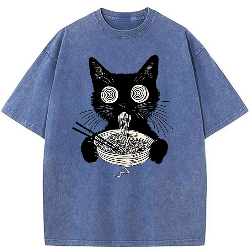 Modecanvas Psychedelic Ramen Cat DTG Printing Washed T-Shirt