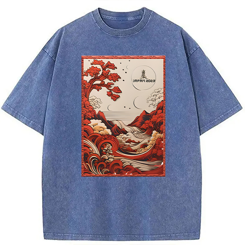 Modecanvas Japanese River View DTG Printing Washed T-Shirt
