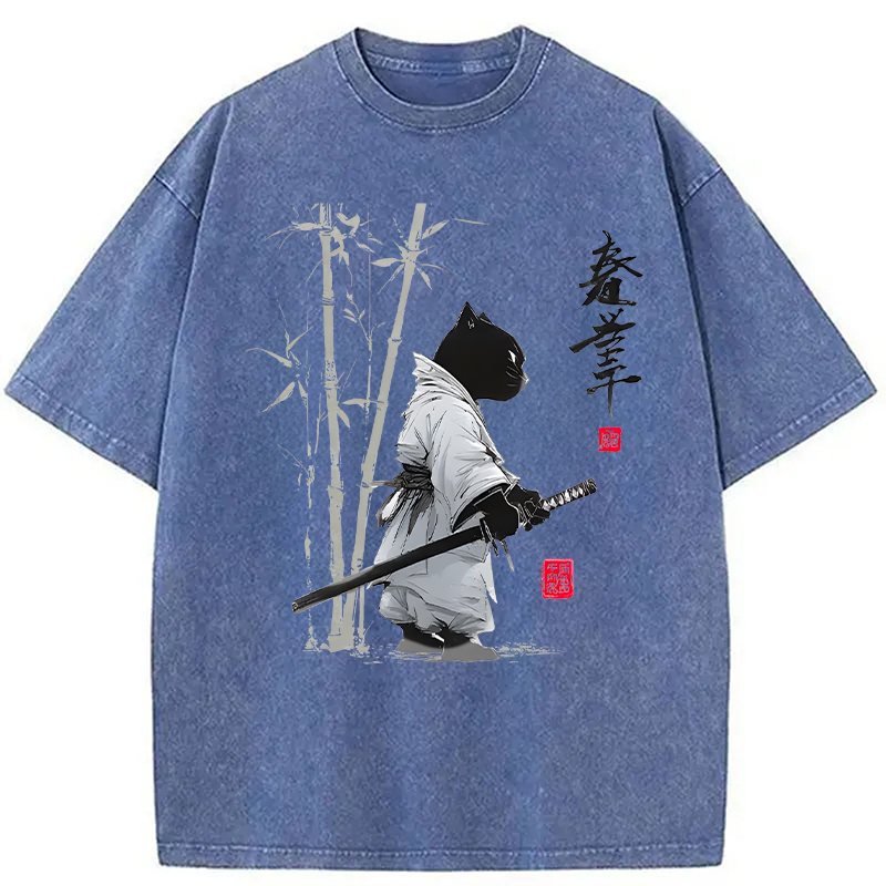 Modecanvas Samurai Cat Japanese Kanji DTG Printing Washed T-Shirt