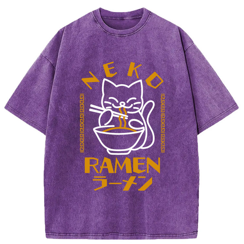 Modecanvas Cat Obsessed With Ramen Washed T-Shirt-modecanvas