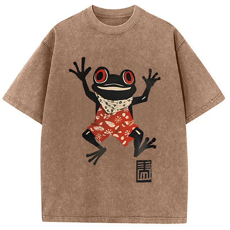 Modecanvas Japanese Happy Frog Ukiyoe DTG Printing Washed T-Shirt
