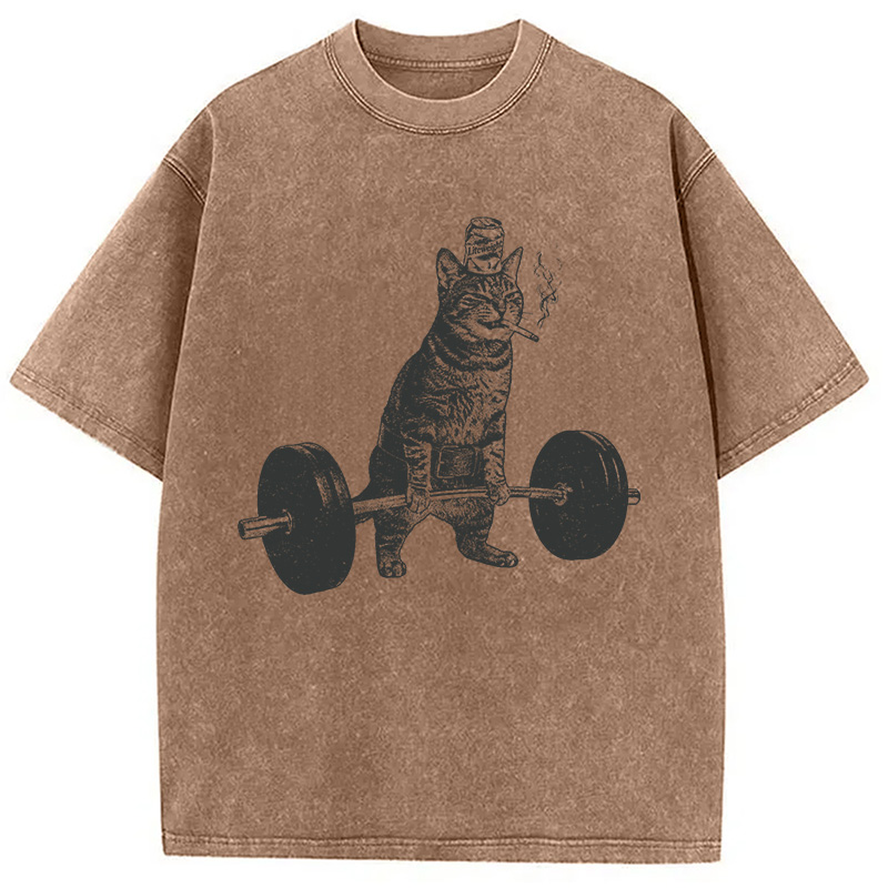 Modecanvas Funny Deadlift Cat Washed T-Shirt-modecanvas