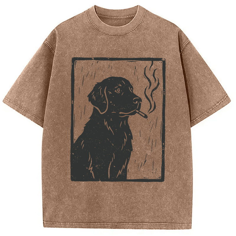 Modecanvas Smoking Labrador Linocut DTG Printing Washed T-Shirt