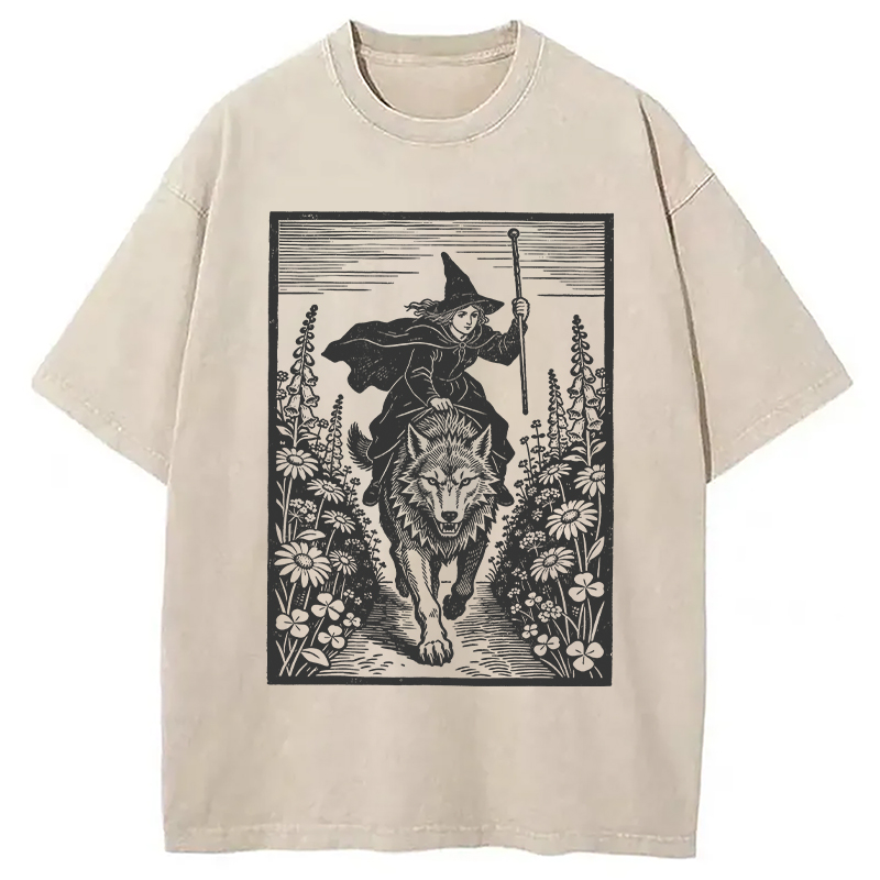 Modecanvas Witch Riding Wolf DTG Printing Washed T-Shirt