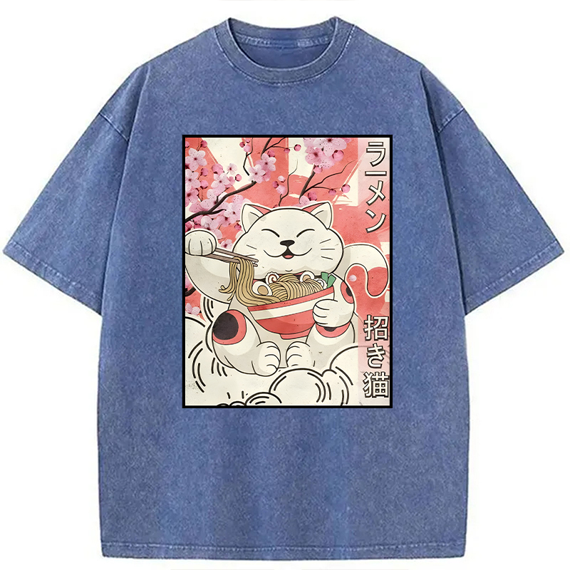 Modecanvas Japanese Noodles Maneki Neko Cat Ramen Meme DTG Printing Washed T-Shirt