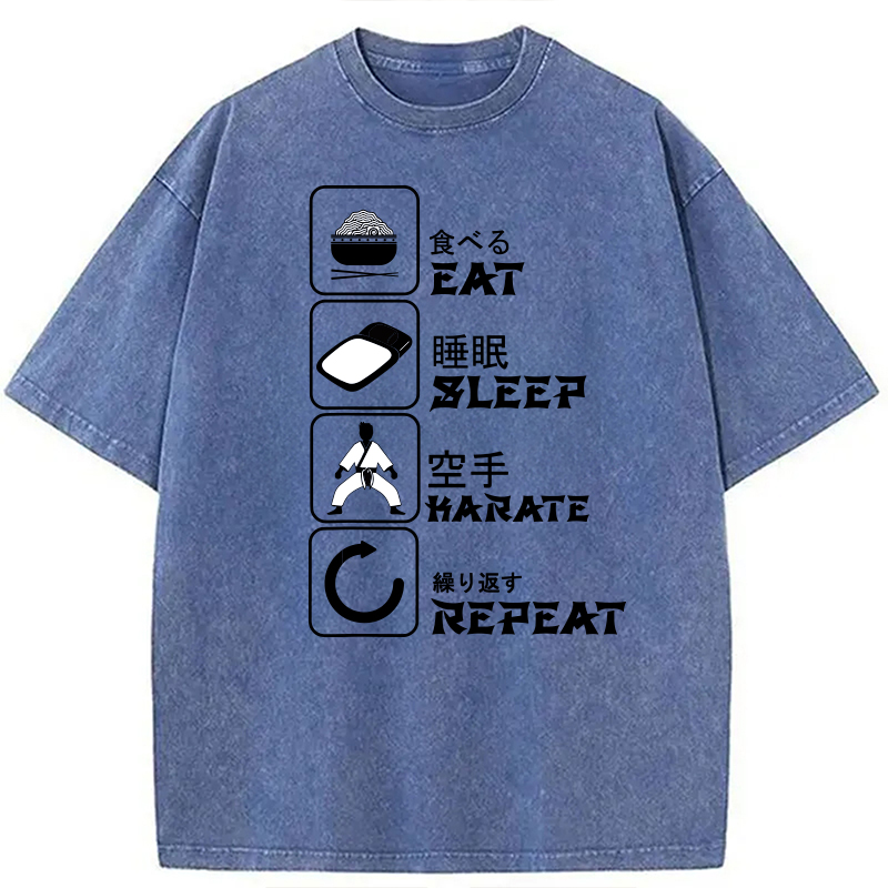 Modecanvas Eat Sleep Karate Repeat Meme DTG Printing Washed T-Shirt
