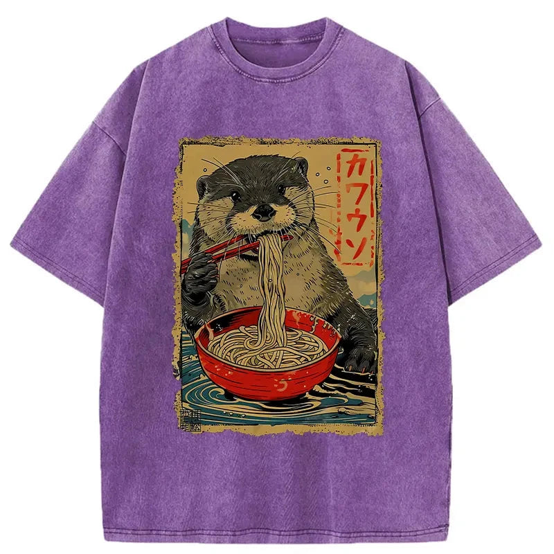 Modecanvas Otter Eating Ramen Japan Washed T-Shirt