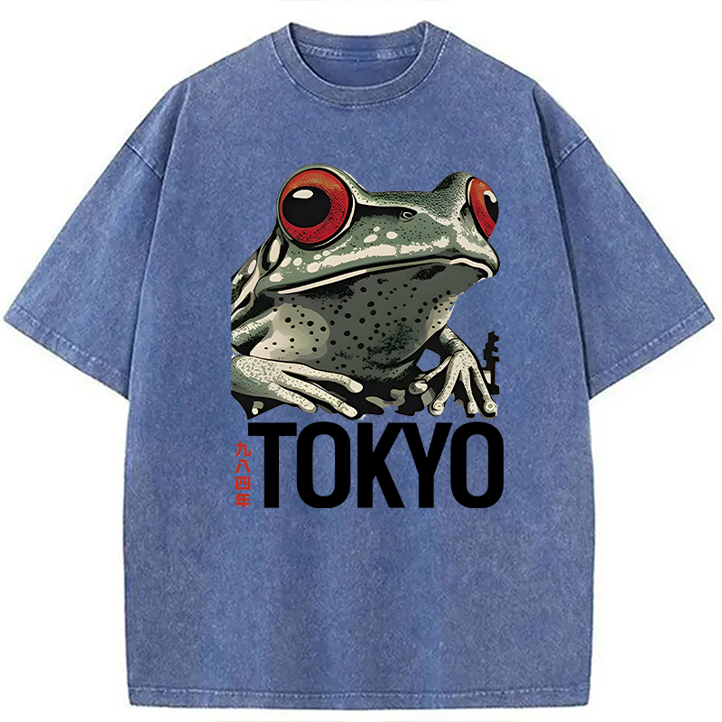 Modecanvas Retro Tokyo Frog DTG Printing Washed T-Shirt